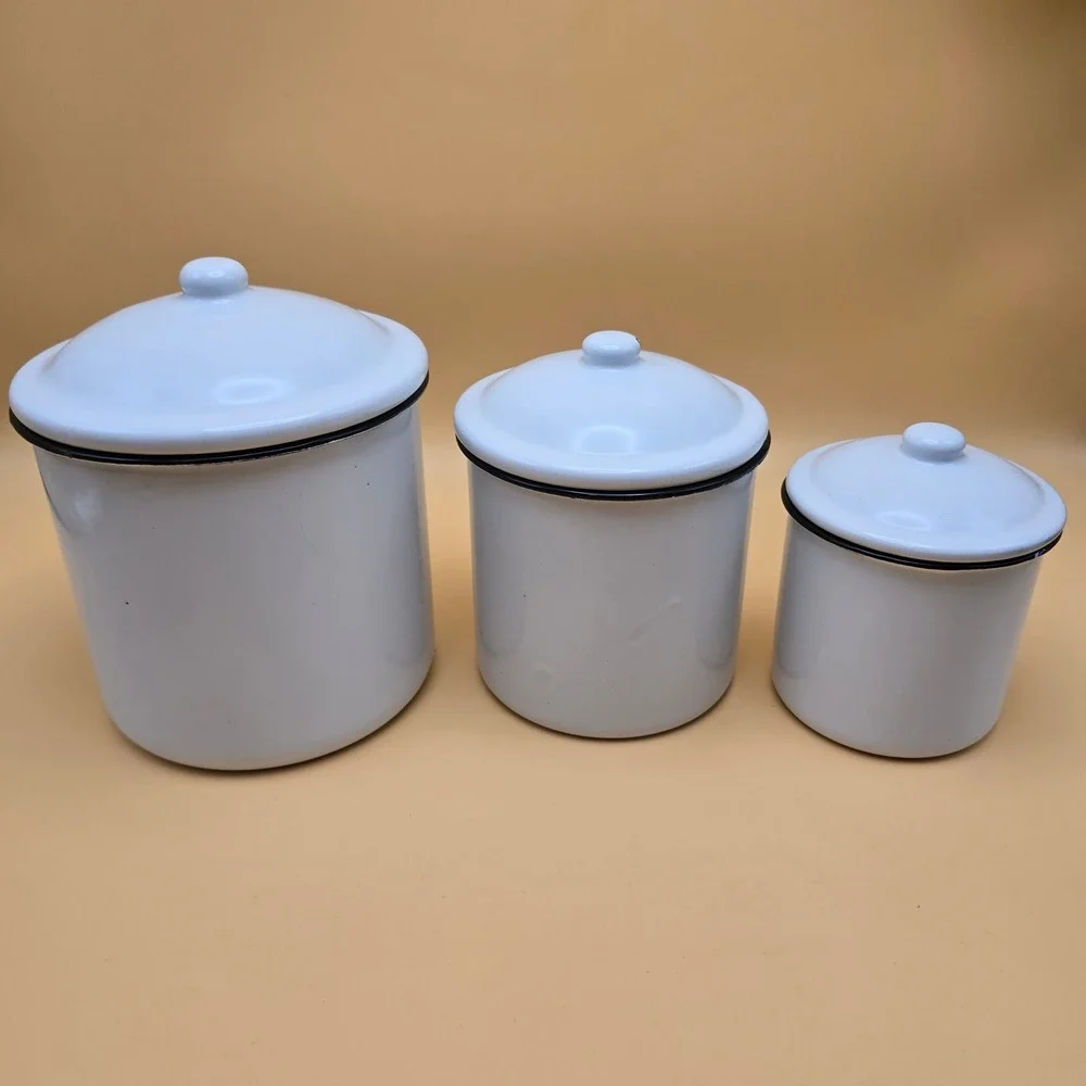 Vintage Mom's Kitchen Enamel Canister Set White Black Checkered 3 Piece Rustic